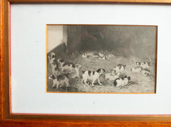 Vintage Puppies in Shed Engraving in Maple Veneer Frame