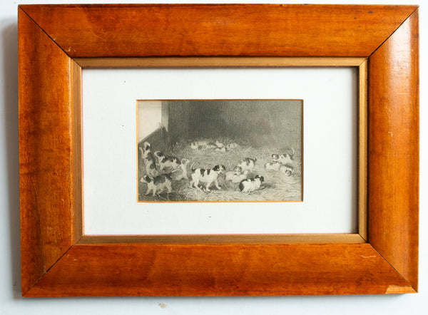 Vintage Puppies in Shed Engraving in Maple Veneer Frame