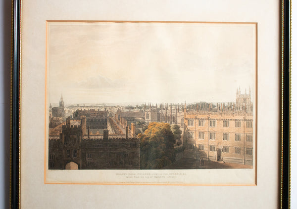 Antique Hand Coloured Engraving 'Brazen-Nose College from Radcliffe Library' c.1813