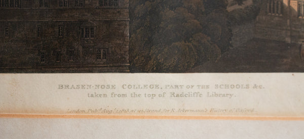 Antique Hand Coloured Engraving 'Brazen-Nose College from Radcliffe Library' c.1813