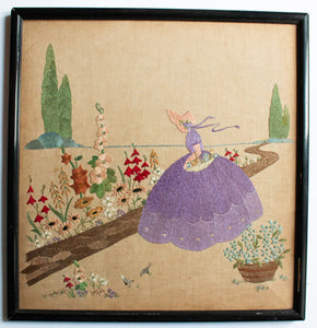 Antique Needlework Crinoline Lady in Flower Garden Framed and Glazed