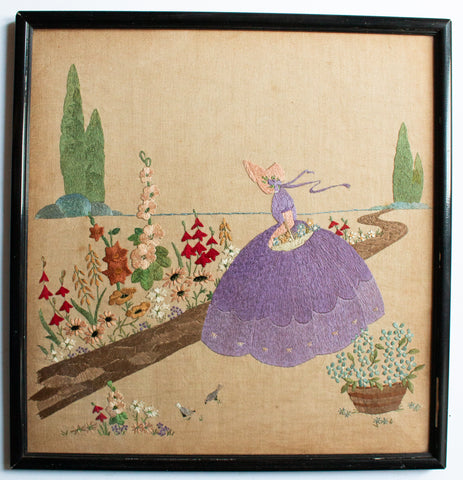 Antique Needlework Crinoline Lady in Flower Garden Framed and Glazed