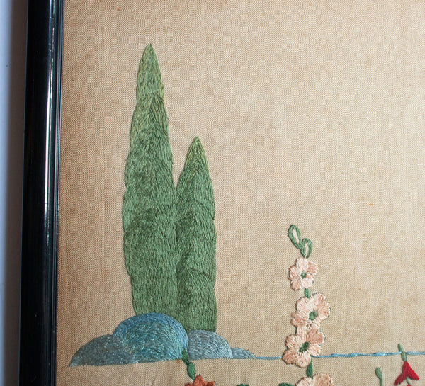 Antique Needlework Crinoline Lady in Flower Garden Framed and Glazed
