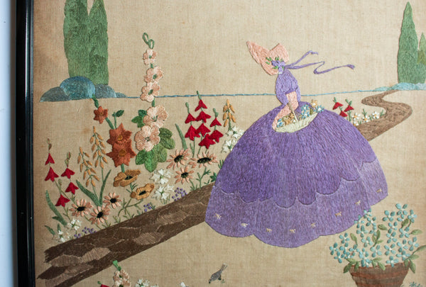 Antique Needlework Crinoline Lady in Flower Garden Framed and Glazed