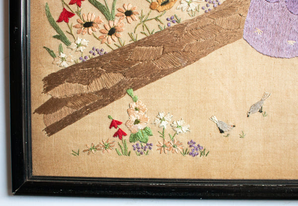 Antique Needlework Crinoline Lady in Flower Garden Framed and Glazed