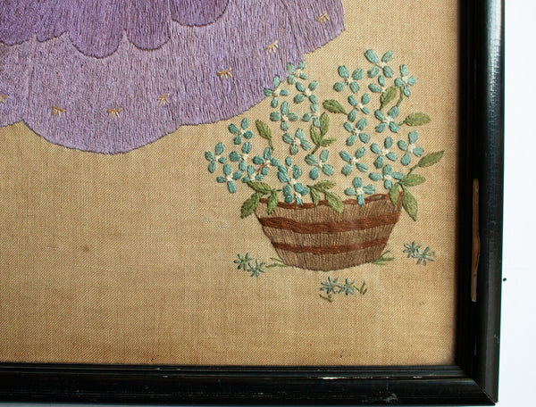 Antique Needlework Crinoline Lady in Flower Garden Framed and Glazed