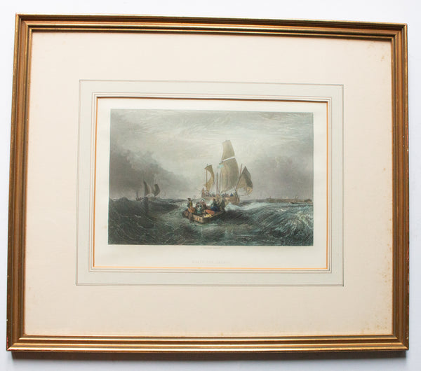Antique Hand Coloured Engraving in Gilt Frame 'Boats off Calais'