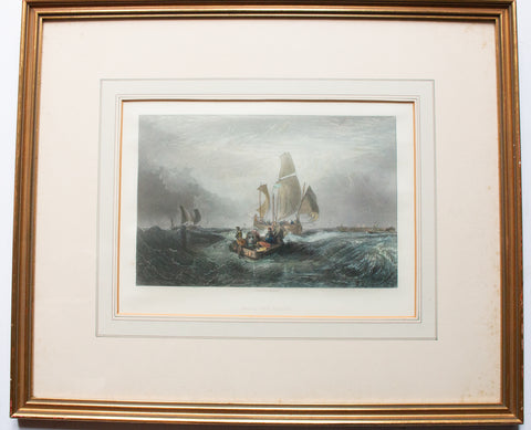 Antique Hand Coloured Engraving in Gilt Frame 'Boats off Calais'
