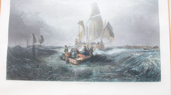 Antique Hand Coloured Engraving in Gilt Frame 'Boats off Calais'