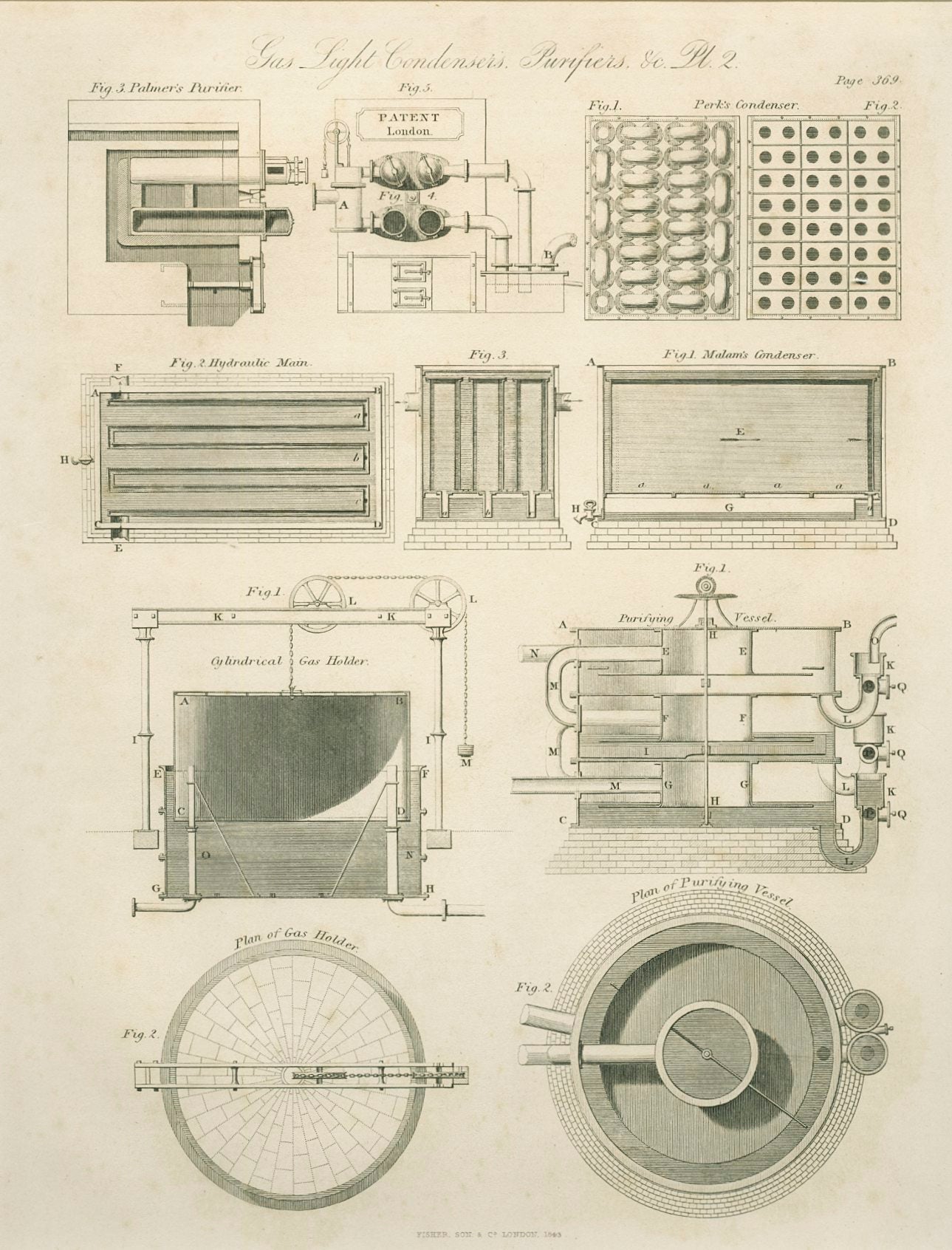 Antique Engraving 'Gas Light Condensers, Purifiers, etc.' 1843