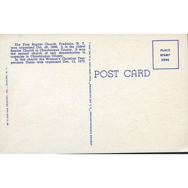 Curteich & Co. 'C.T. Art-Colortone' Linen Postcard 'Historical First Baptist Church, Fredonia, New York'
