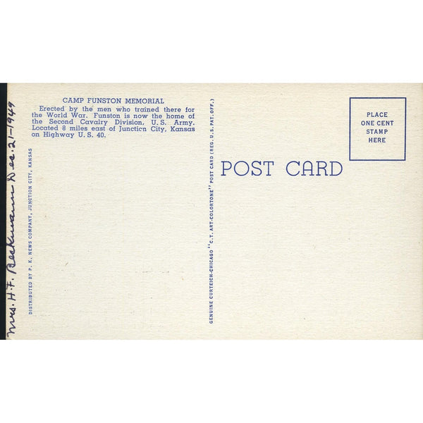 Curteich & Co. 'C.T. Art-Colortone' Linen Postcard 'Camp Funston Memorial' Fort Riley, Kansas'